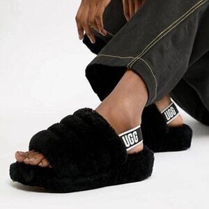 UGG Women's Black Fluffy Slide Slingback Platform Slippers 10